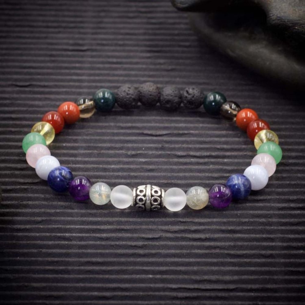 12 Chakra Crystal Lava Rock Stretch Bracelet  - Handmade to Order